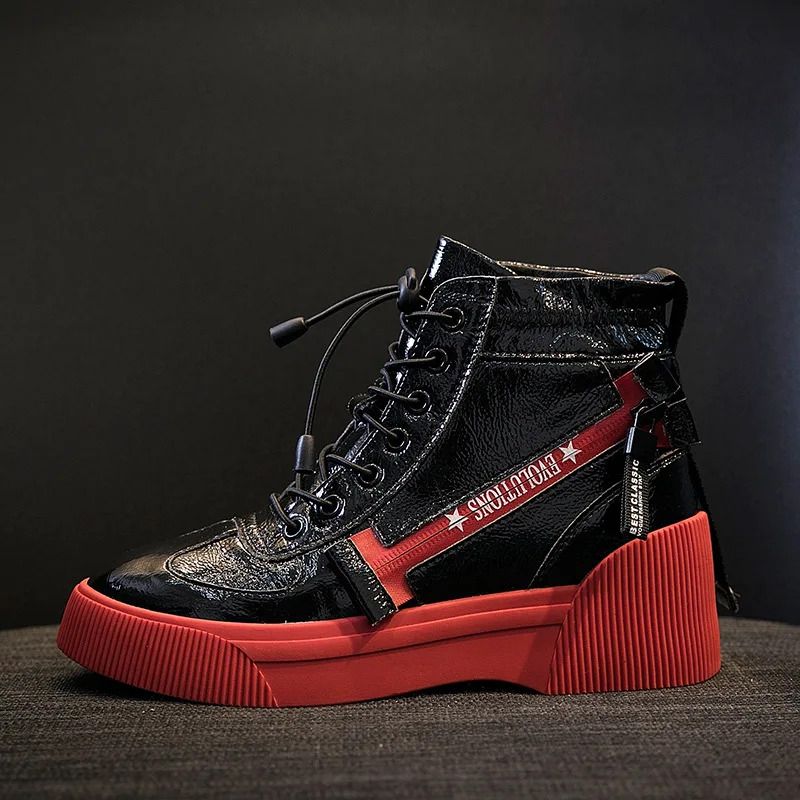 

sneakers women 2018 New Spring autumn Wild waterproof Patent leather Comfortable Beige red High help fashion Lace-up shoes woman