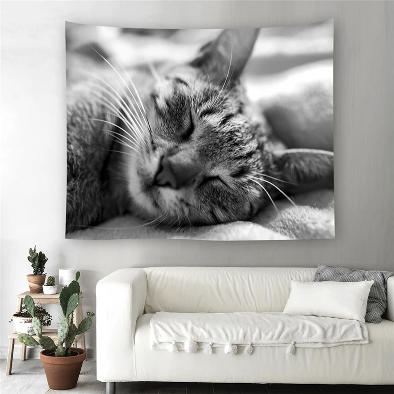 Gray Style Cute Cat Pattern Wall Tapestry 6 Sizes Soft Polyester Livingroom Hanging Tapestry Home Art Decor Tapestry Bed Blanket