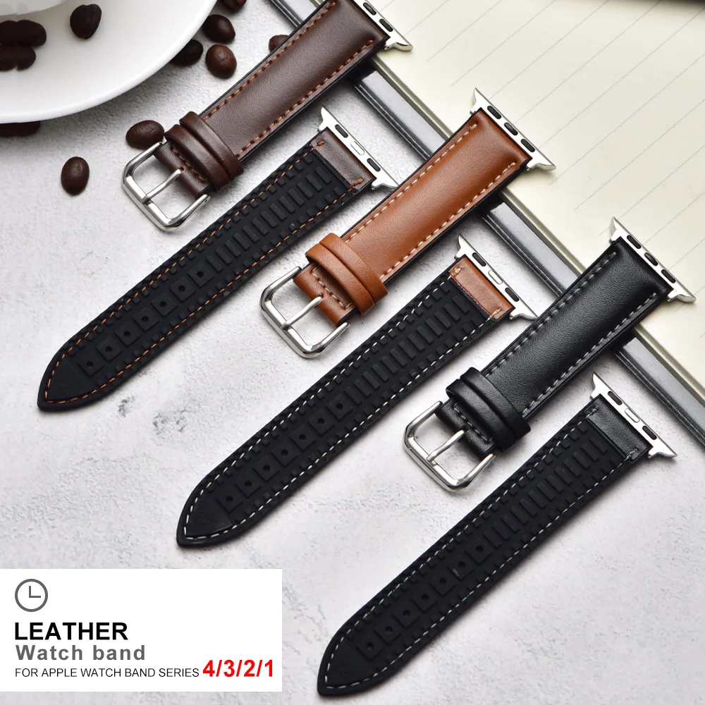 

Leather ptuBracelet Belt Genuine Leather Band for Apple Watch 42/38MM 40/44MM Replacement Strap for iWatch 4 3 2 1 Wristband