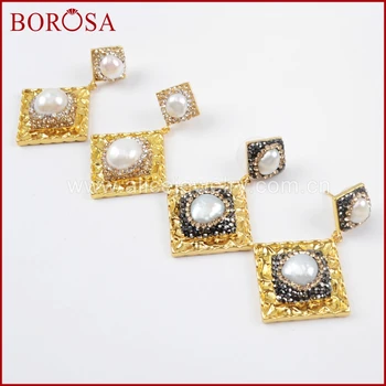 

BOROSA Fashion Gold Metal Dangle Earrings with Natural Pearl Beads Pave Rhinestone Drop Earrings Drusy Jewelry for Women JAB822