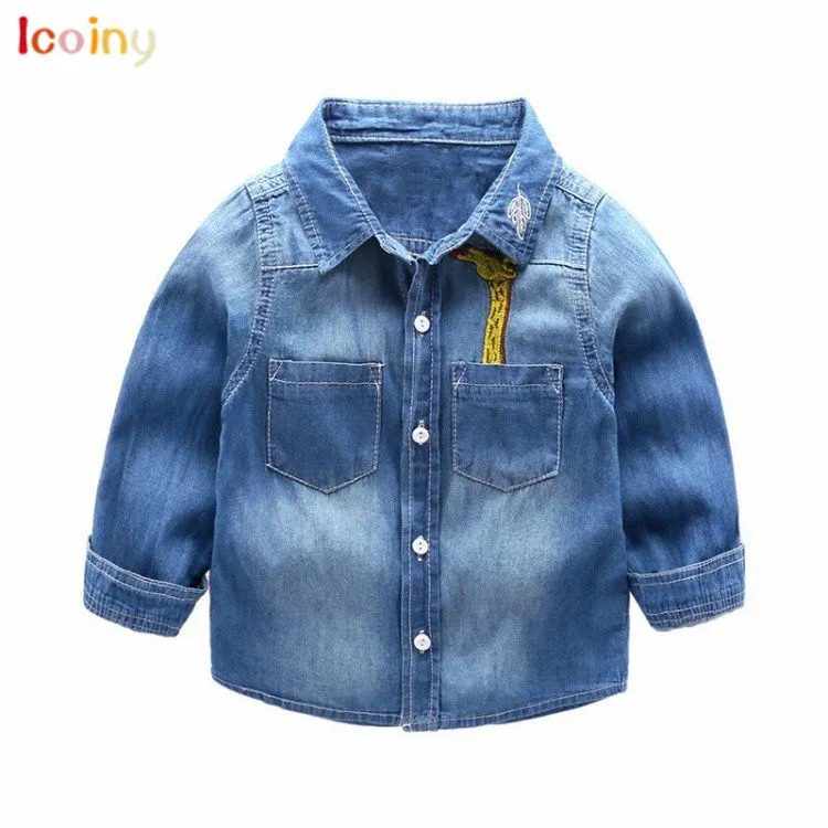 ICOINY Boys Denim Shirts Long Sleeve Pocket Blouses With Embroided For