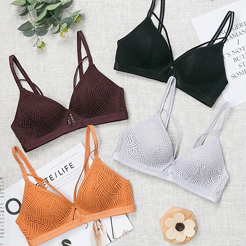 

DERUILADY Solid color Sexy Hollow Lace Bra Lingerie Breathable Wireless Push Up Bras Women Fashion Seamless Wire Free Bralette