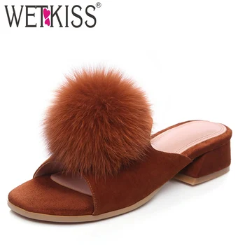 

WETKISS Fur Slippers Women Open Toe Footwear Kid Suede Slides Shoes Woman Thick Med Heels Mules Shoes Woman Summer 2019 New
