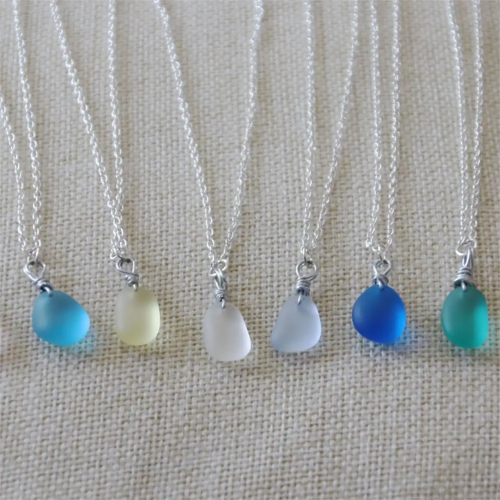 

1Pcs 12-16mm Sea Glass Necklace with Silver Color Natural Sea Glass Pendant Beach Necklace Boho Jewelry for Women Gift