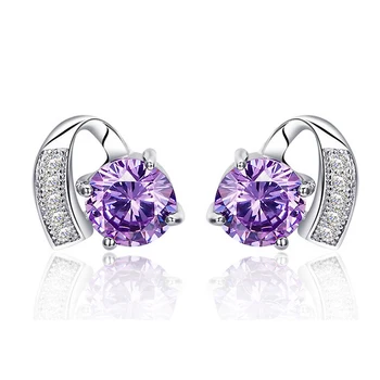 

Elegant Purple CZ Crystal Stud Earrings 925 Sterling Silver Inlay Cubic Zirconia Stone Woman OL Jewelry Free Shipping