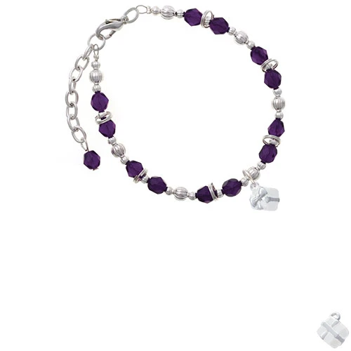 Silvertone Small 3-D White Present Box with Bow Purple Beaded Bracelet