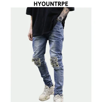 

Knee Ripped Destroyed Jeans Mens Biker Skinny Slim Zipper Pants Patchwork Graffiti Printed Streetwear New Hip Hop Pants Jogger