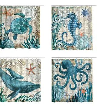 

1PC Sea Turtle Print Shower Curtain Bathroom Polyester Waterproof Fabric Bath Curtain Home Bathtub Curtains with 12 Hooks