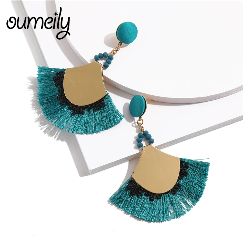 

OUMEILY New Fashion Flower Bohemian Bead Tassel Earrings For Women Gold Color Long Wedding Green Earings Fashion Jewelry Dangle