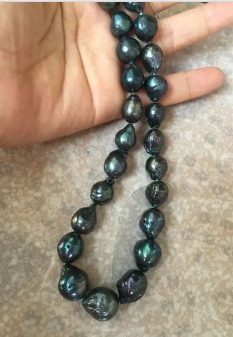 Enorme 14-15mm barokke tahitian zwarte groene parel ketting 18 inch Enorme 14-15mm barokke tahitian zwarte groene parel ketting 18 inch