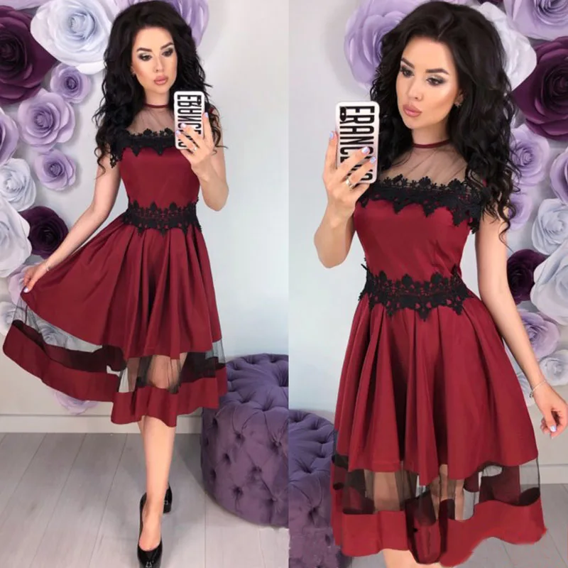 

Women Vintage Lace Patchwork a Line Party Dress Ladies Sleeveless o Neck Hollow Out Elegant Dress 2019 New Fashion Women Dress