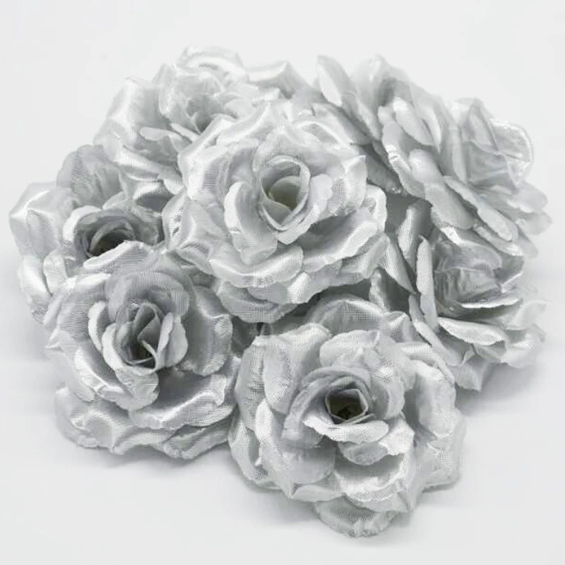 NEW 50PCS Artificial Silver Rose Silk Flower Heads Decoration for Wedding Party Banquet