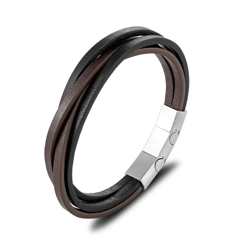 Murtoo Bracciale Uomo In Vera Pelle E Acciaio Inossidabile | Intrecciato Regolabile Con Chiusura Magnetica | Colori Nero E Marrone