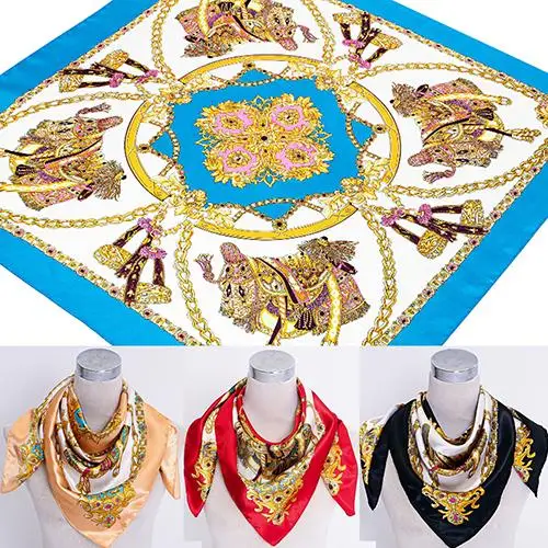 

90 x 90cm Square Women Imitated Silk Satin Carriage Chain Neck Head Scarf Shawl