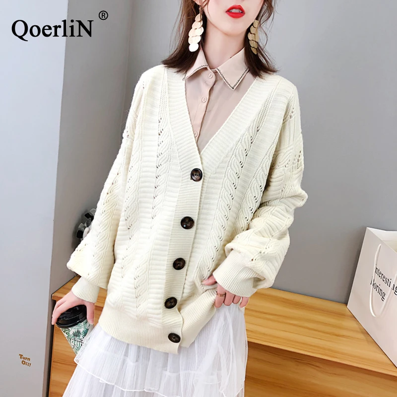 

QoerliN Single-Breasted Button Sweater Women Autumn Winter New Arrivals Lantern Sleeve Solid Knit Wear Sweater Jacket Coat Femme