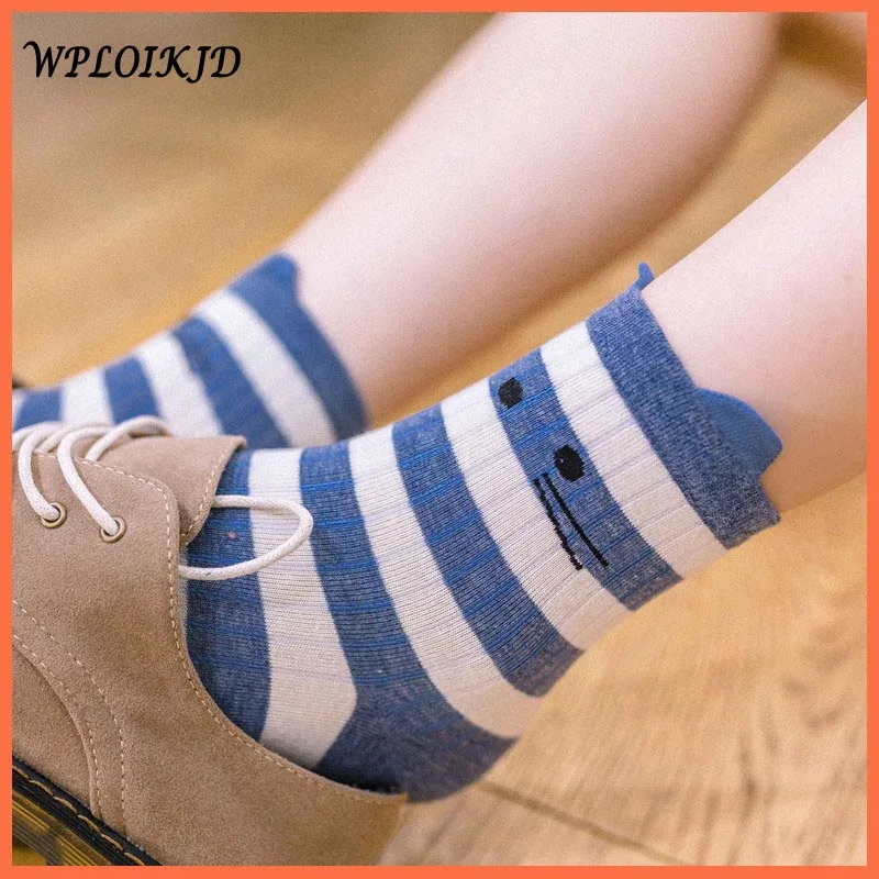 

College Style Cat Design Stripe Cute Socks Women Animal Print Cartoon Socks Calcetines Mujer Divertido For Ladies Girl's Gifts