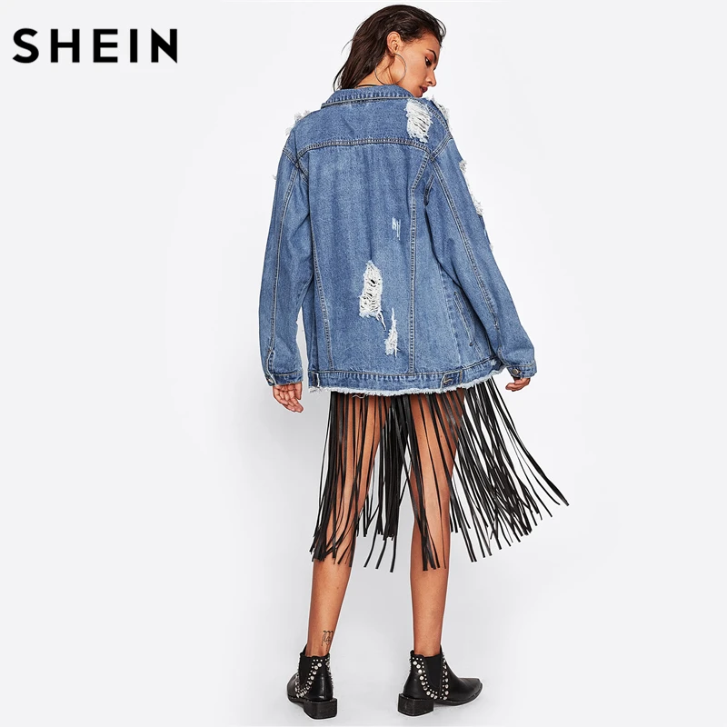 SHEIN Destroyed Boyfriend Denim Jacket Blue lapel Fall Jackets Women Single Breasted Casual Womens Jackets and Coats