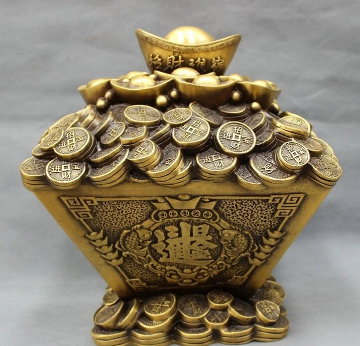 

11" Chinese Pure Bronze Folk Wealth Coin Statue Fish YuanBao Bucket Money Box