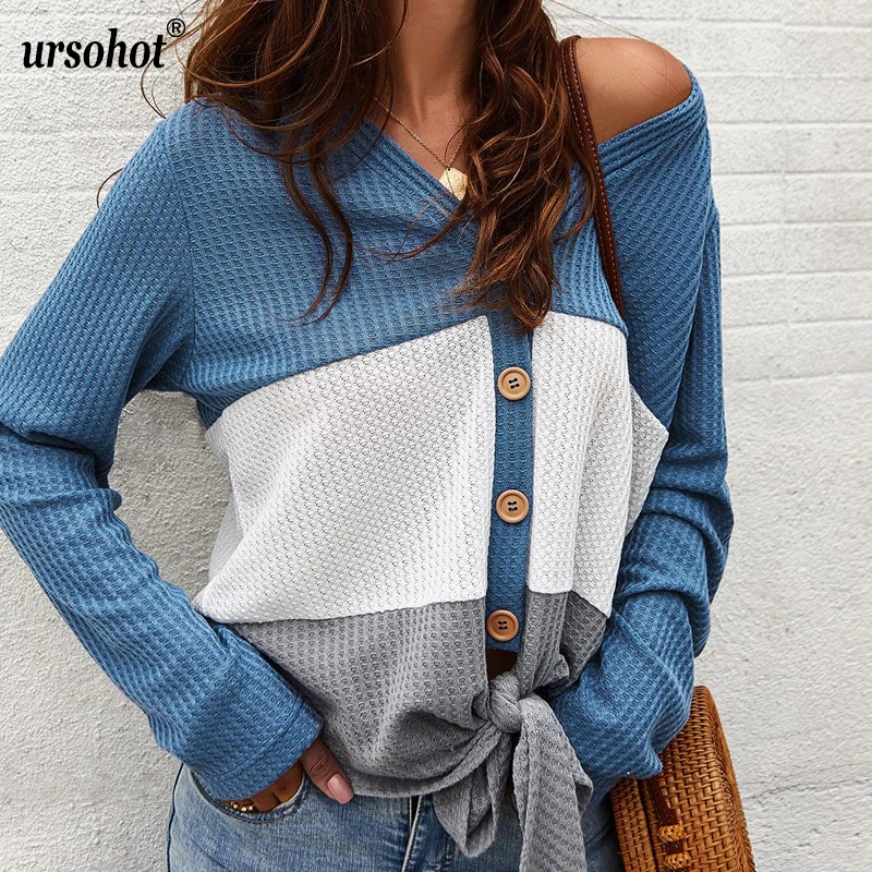 

Ursohot Autumn Knitted Cardigans Women V Neck Bow Tie Sweaters Single-Breasted Cardigan Multicolor Patchwork Long Sleeve Sweater
