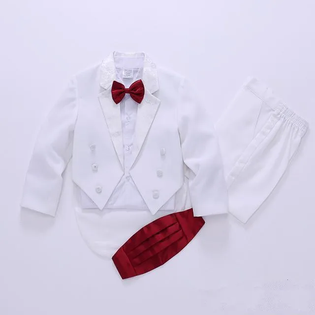 Элегантный деловой костюм для мальчиков, костюмы-смокинги для мальчиков, блейзеры для мальчиков, костюмы джентльмена на свадьбу для мальчиков(пиджак+ брюки+ галстук+ пояс+ рубашка), От 1 до 10 лет - Цвет: white suit red bow