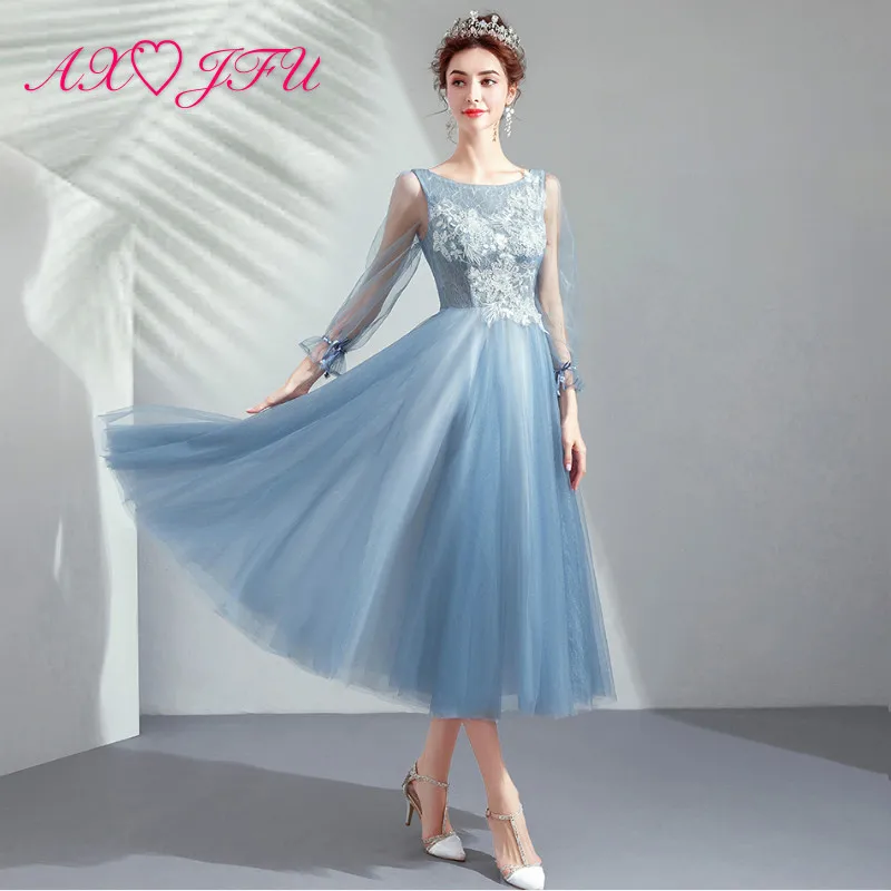 AXJFU принцессы белый цветок синий шнурок роскошное вечернее платье Винтаж Невеста Круглая горловина оборками Вечерние бисером вечернее