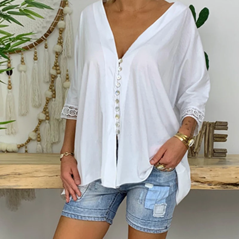 

2019 New Autumn Women Casual Loose Lace Blouse Shirt V-neck Button Chiffon Tops Plus Size