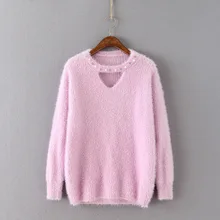 2017 New Fashion Women’s Pullover Sweater Beading V-neck Long Sleeve Cashmere Wool Knitted Solid Color Party Wear Free Shipping