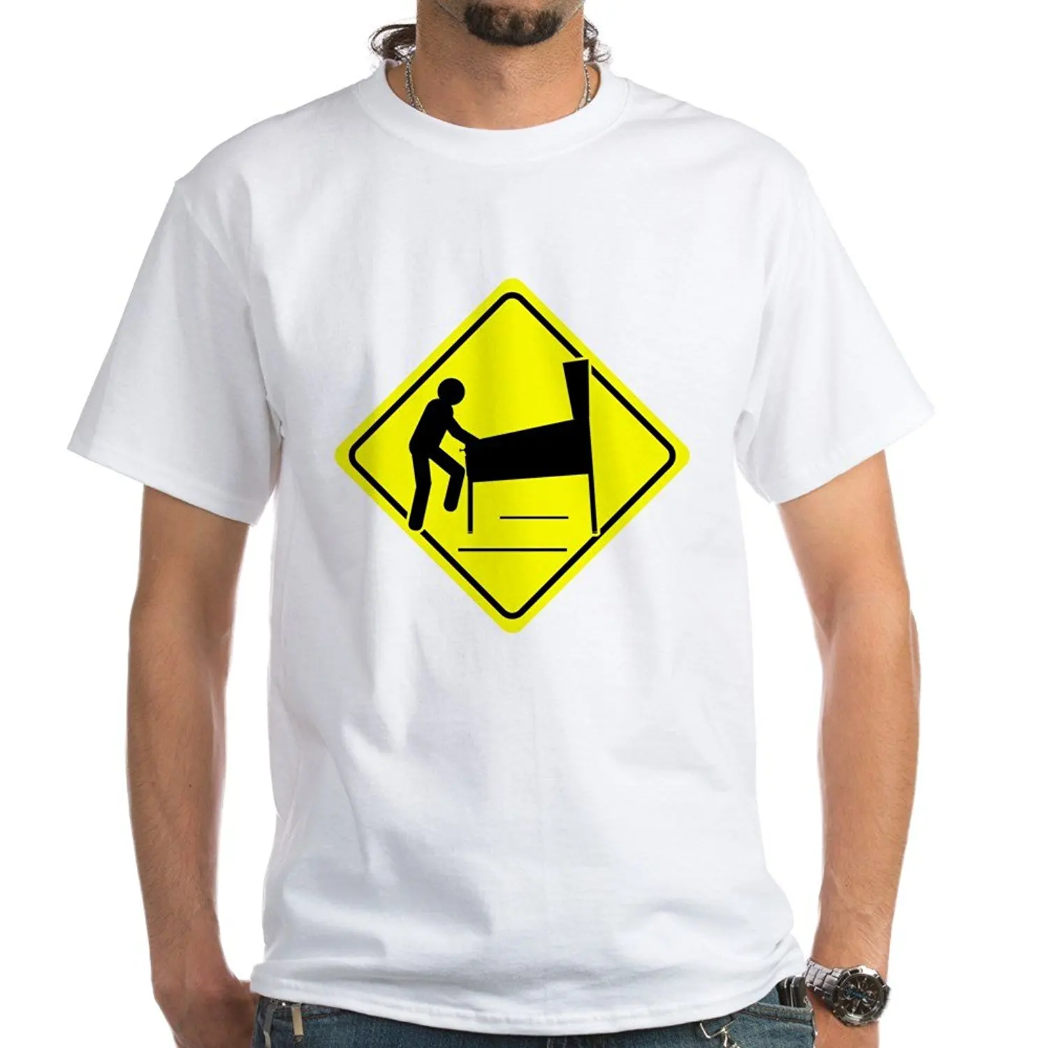 Soft Casual Round Neck T Shirt Funny Caution Pinball Wizard Player Arcade Sign 100% Cotton White Fashion Shirts Slim | Мужская одежда