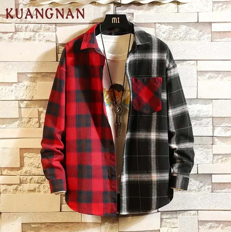 KUANGNAN, японский стиль, красная Лоскутная рубашка, Мужская Уличная одежда, мужские рубашки, повседневные облегающие корейские мужские рубашки с длинным рукавом, весна, новинка - Цвет: Red