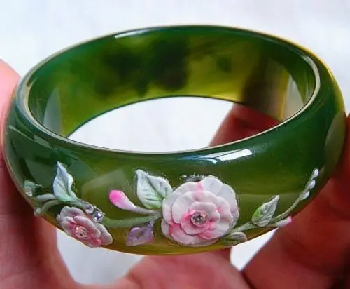 

shitou 00799 100% real Hand Carved flowers Natural green agate jade Widen thicken BANGLE