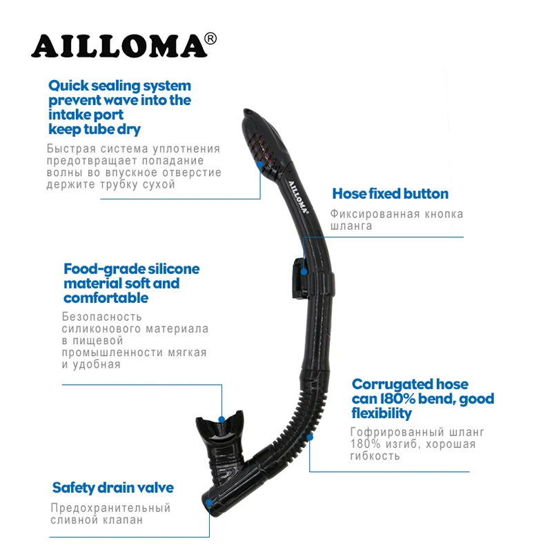 AILLOMA الجافة غص مع قابل للتعديل حامل الغوص الغوص أنبوب سيليكون التنفس السباحة تحت الماء غص ل الكبار