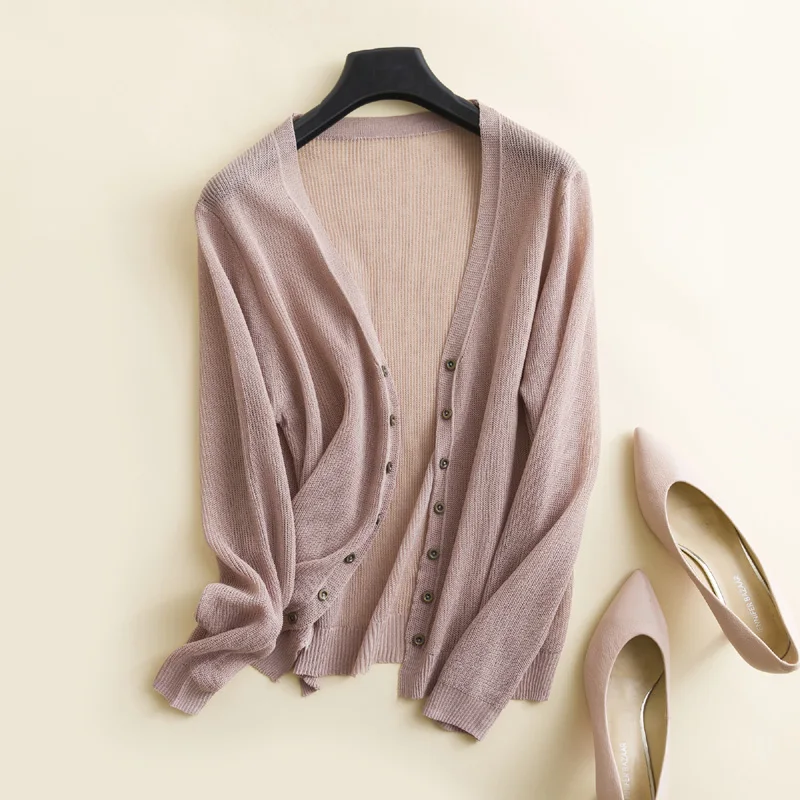 

Thin Linen Knitted Cardigans Female 2019 Summer Women Short Cardigan Casual Hollow Out Cool Sweater Coat Jacket Sun Protection