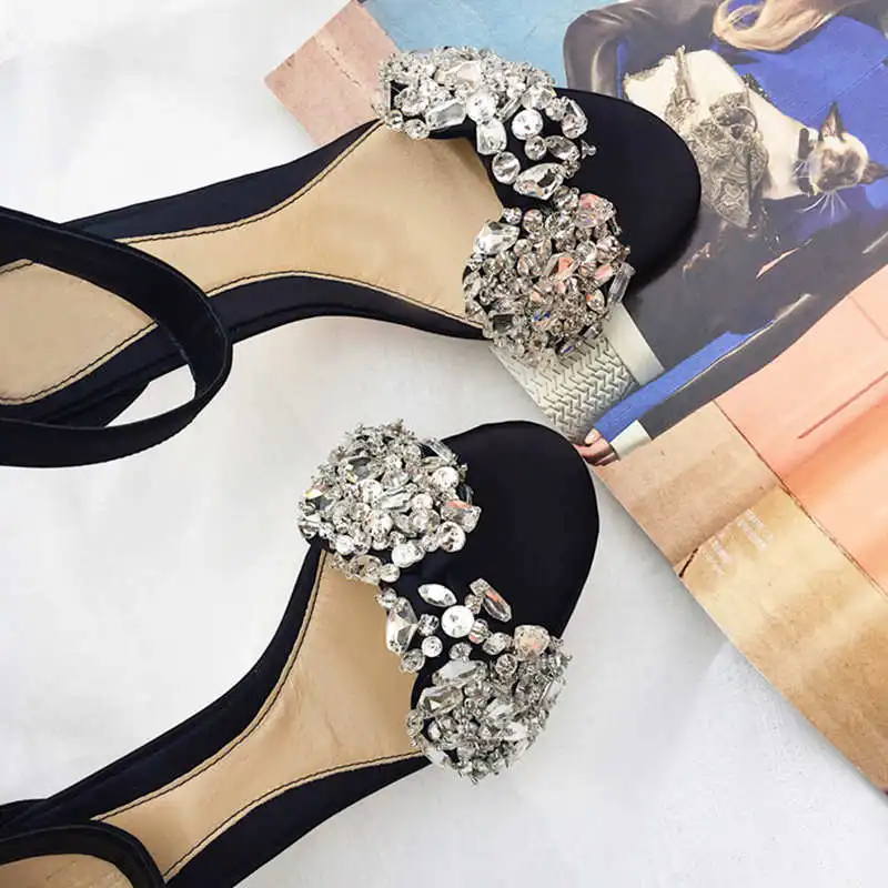 

Hot Glitter Crystal Embellished Woman Sandals High Thin Heel Woman Stiletto Buckle Design Shoes Woman Bow Tie Decor Black Solid