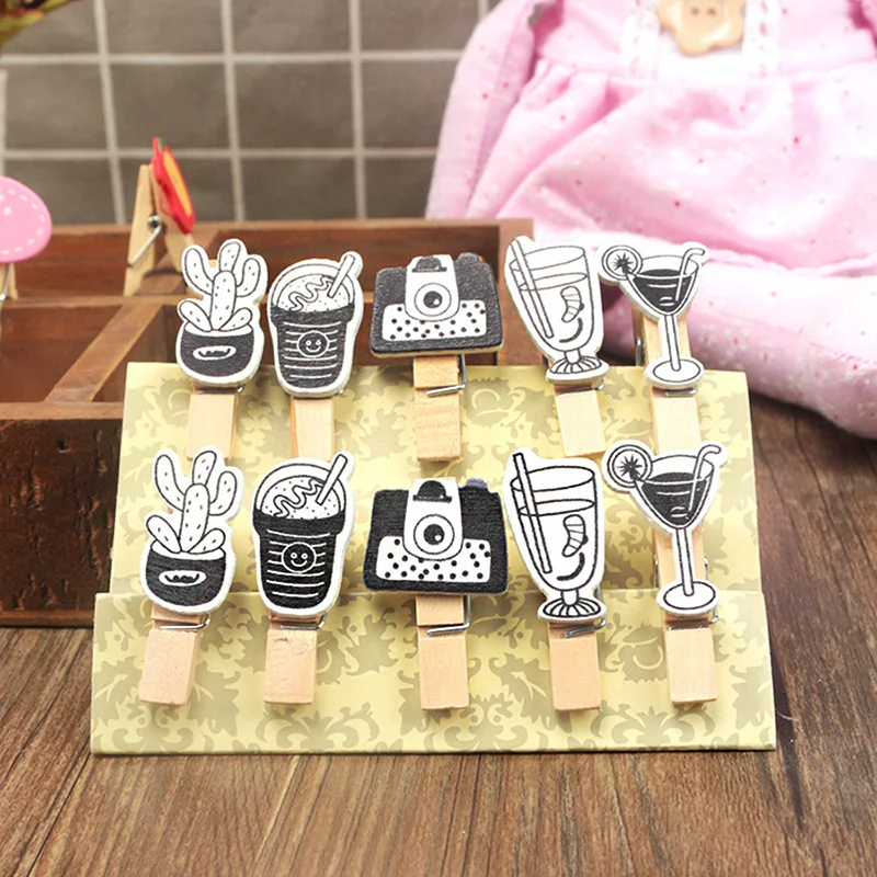 

10 pcs/pack Black and white camera Wooden Clip Photo Craft DIY Clips with Hemp Rope Clothespin Craft Decoration Clips Pegs