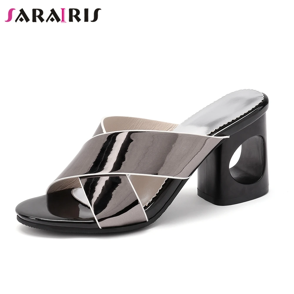 

SARAIRIS 2019 New Fashion Summer Shoes Mules Women High Fretwork Heels Slippers Women Shoes Woman Plus Size 35-48