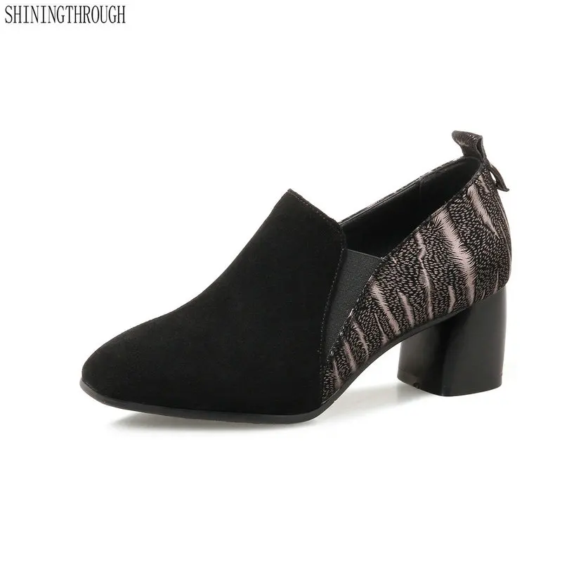 

2018 New square toe women pumps genuine leather shoes woman thick high heels patchwork dress shoes