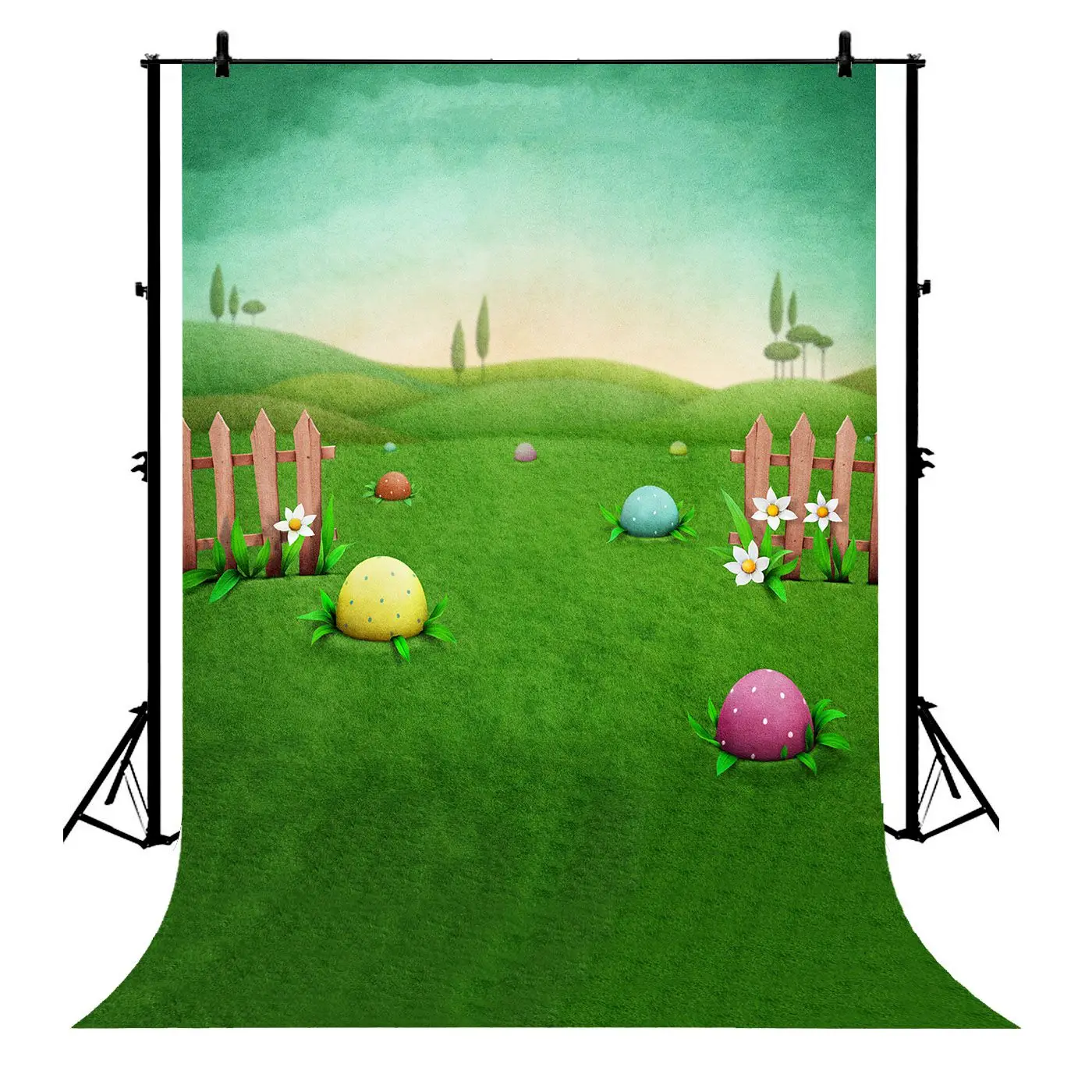 

5x7ft Easter Eggs Flowers Wooden Fences Meadow Green Hills Polyester Photo Background Portrait Backdrop
