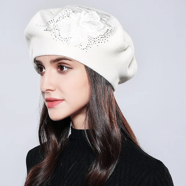 Женский берет Элегантные Цветочные Стразы новая осенне-зимняя кроличья шерсть высокого качества вязаная женская шапка шапки# MZ740 - Цвет: Белый