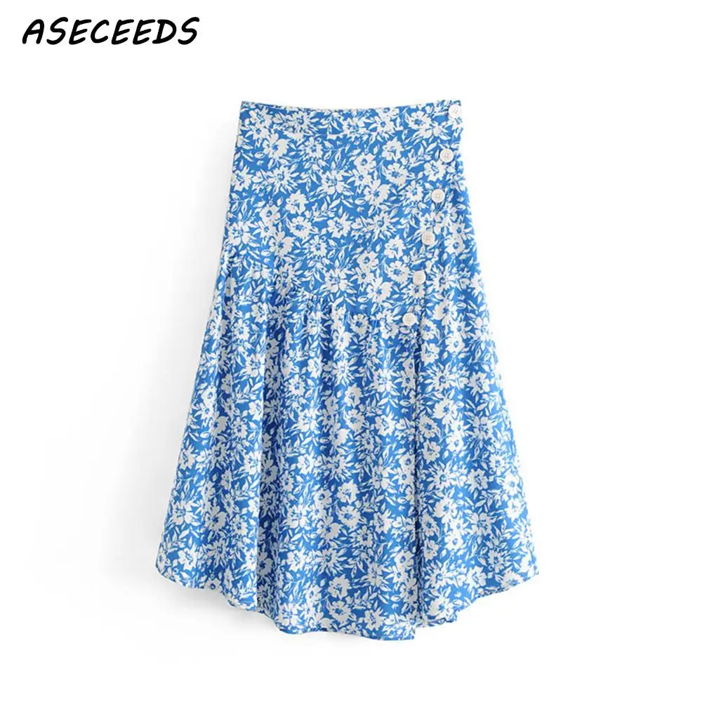 

2019 Boho flral blue High waist skirts womens Summer vintage korean kawaii button A line skirt punk streetwear female midi skirt