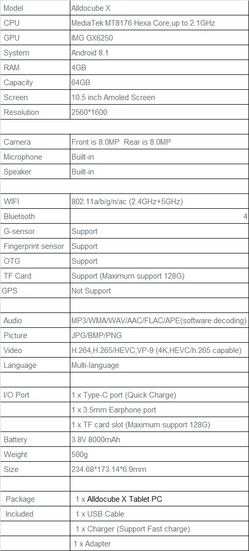 Alldocube X U1005 планшетный ПК MTK8176 Hexa Core 10,5 дюймов 2 K экран 4 Гб Ram 64G/128G Rom Android 8,0 двухдиапазонный WiFi Bluetooth