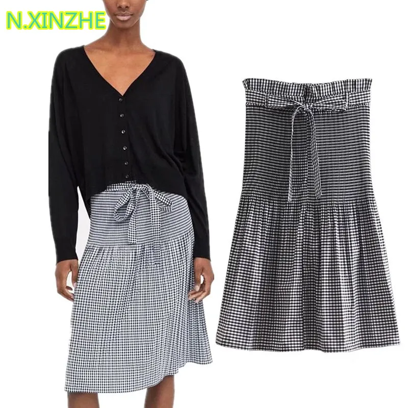 N. XINZHE, женская одежда, высокая талия, пояс, клетчатая плиссированная юбка, Женская высокая уличная мода, тонкие длинные юбки S3367