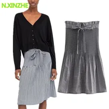 N. XINZHE, женская одежда, высокая талия, пояс, клетчатая плиссированная юбка, Женская высокая уличная мода, тонкие длинные юбки S3367