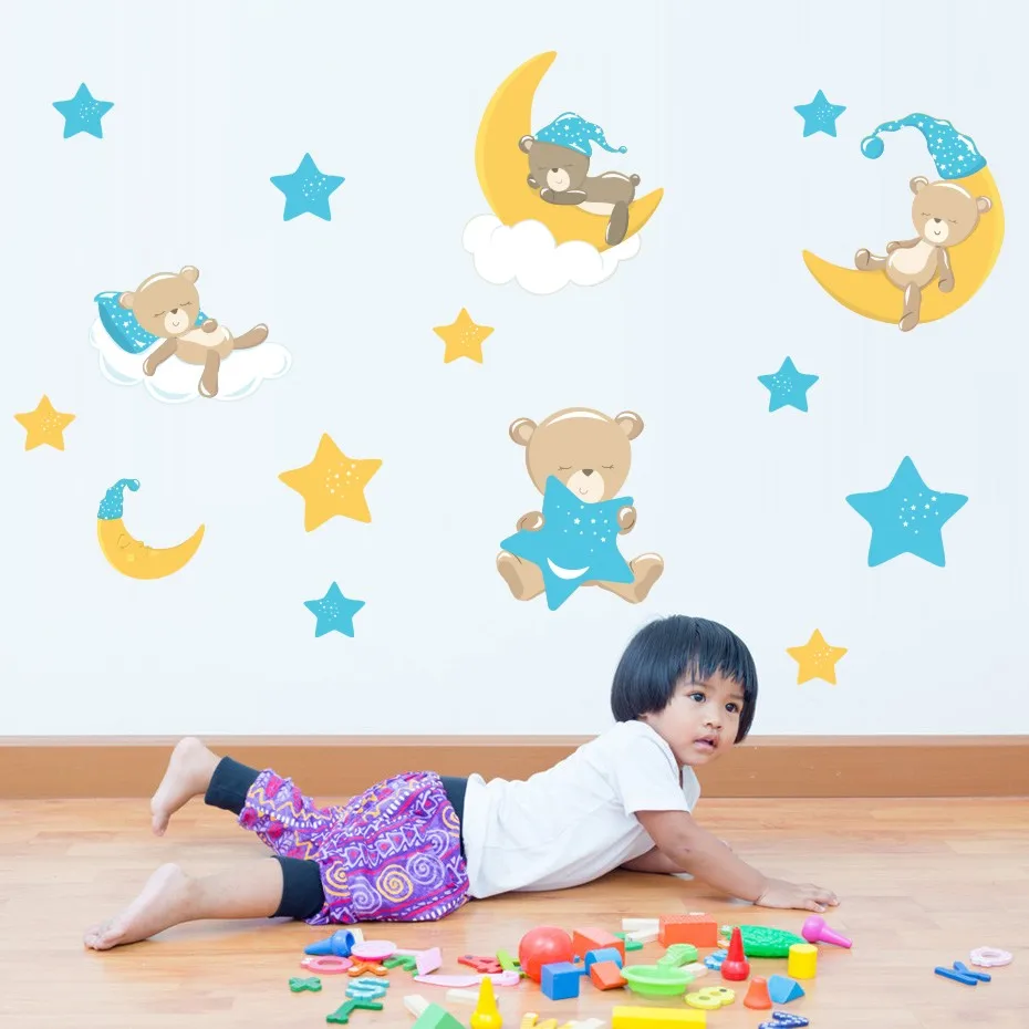 Коричневая виниловая наклейка Teddybears Stars Moons для детской спальни настенные
