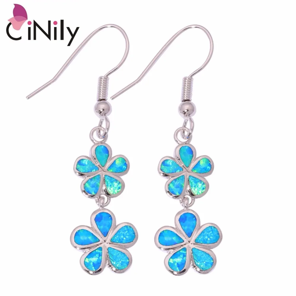 

CiNily Blue & White Fire Opal Stone Drop Earrings Silver Plated Long Dangling Earring Flower Flora Bohemia BOHO Spring Jewelry