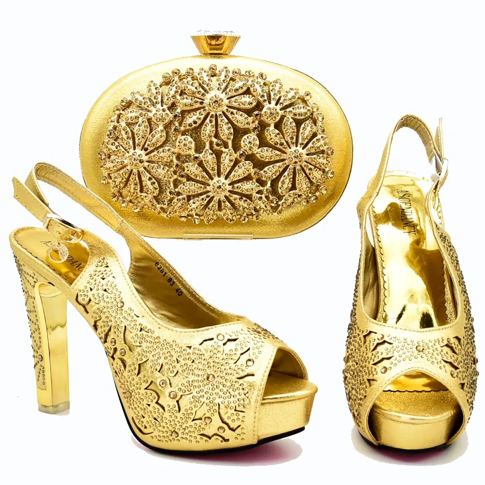 

l 4 inches gold italian shoes and bag match women party african aso ebi shoes and bag matching set size 37 to 42 SB8269-1