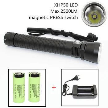 

XHP50 4000Lm LED Diving Flashlight underwater stepless dimming waterproof diving tactical Lamp+2x 26650 battery + Charger