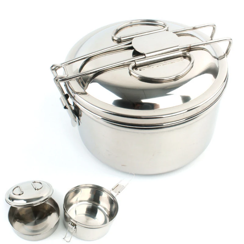 

1PCS outdoor camping stainless steel portable lunch pot 2-layer combination set pot camping BBQ cooking cookware