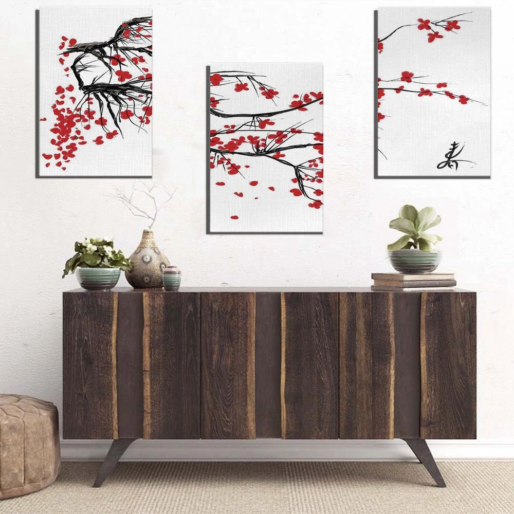 HD Print Chinese Ink Painting Style Landscape Mountain and Plum Blossom Sakura Cherry Tree Summer Time Vintage Cultural Artwork