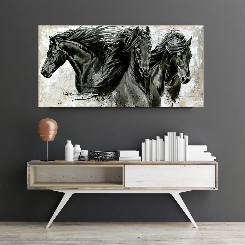 Modern Animal Wall Art Canvas Print Three Black Horse Poster Painting for Living Room Bedroom Wall Decor Vintage Home Decorative
