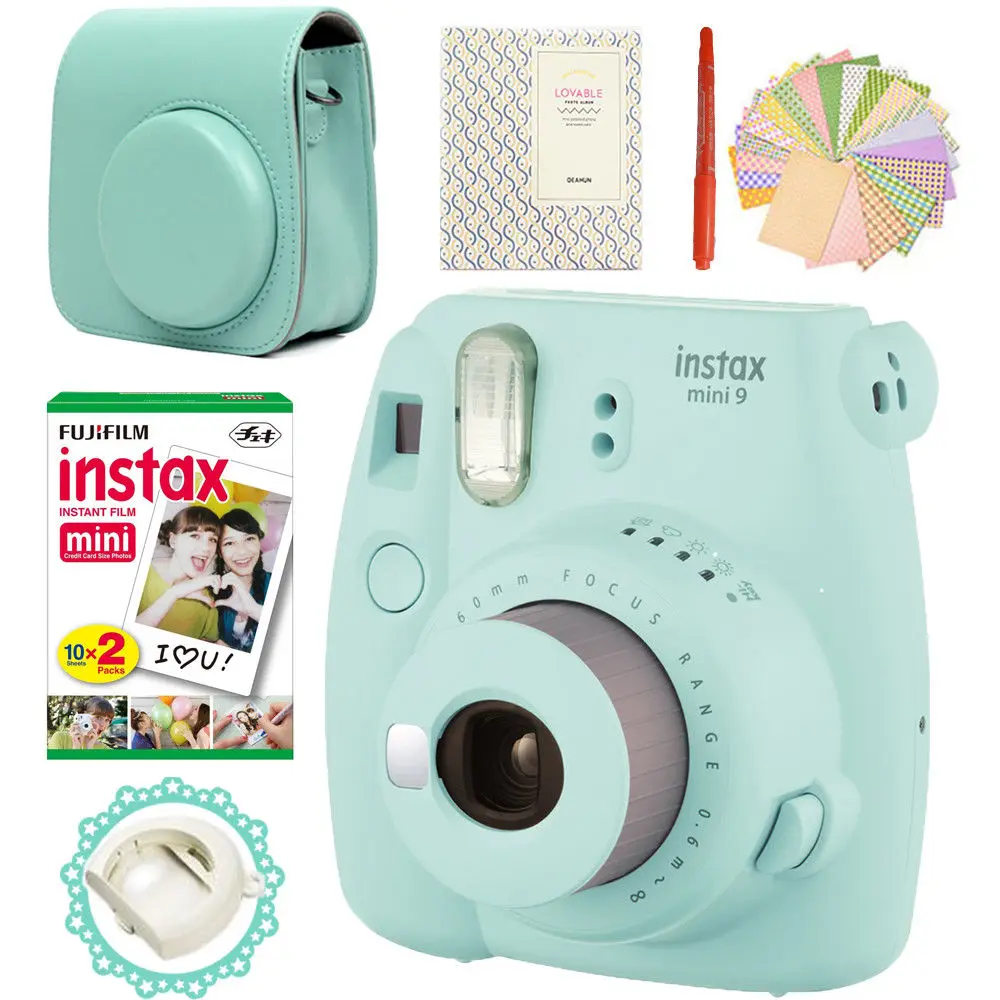 Fujifilm Instax Mini 9 камера Ice Blue+ 20 фотографий Fujifilm Instant Mini 8 белая пленка+ сумка из искусственной кожи+ альбом+ ручка+ наклейки